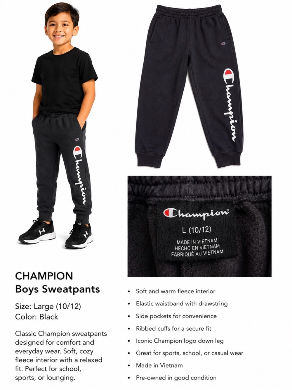 Champion Boys Black Joggers with White & Red Logo